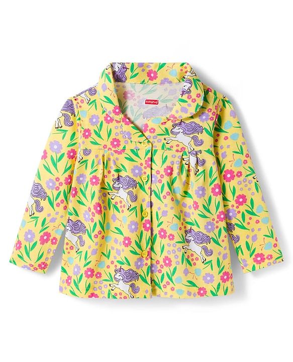 Babyhug Cotton Knit Full Sleeves Co-ords Night Suit With Floral Print - Yellow