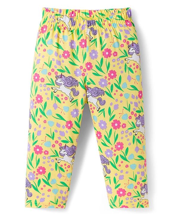 Babyhug Cotton Knit Full Sleeves Co-ords Night Suit With Floral Print - Yellow