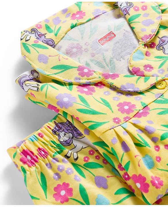 Babyhug Cotton Knit Full Sleeves Co-ords Night Suit With Floral Print - Yellow
