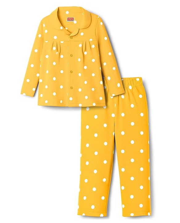 Babyhug Cotton Knit Full Sleeves Co-ord Night Suit With Polka Dot Print - Yellow