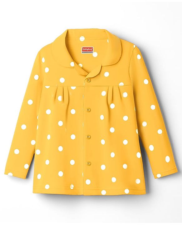 Babyhug Cotton Knit Full Sleeves Co-ord Night Suit With Polka Dot Print - Yellow