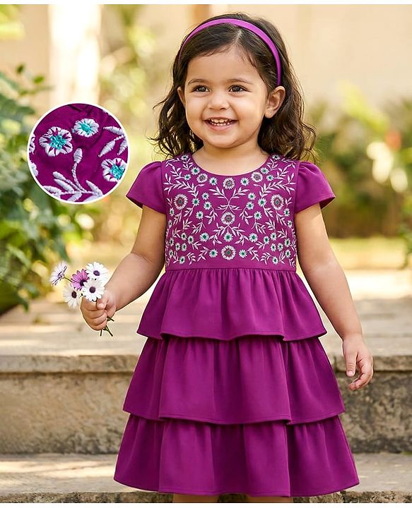 Babyhug Cotton Woven Half Cap Sleeves Layered Frock with Floral Embroidery - Wine