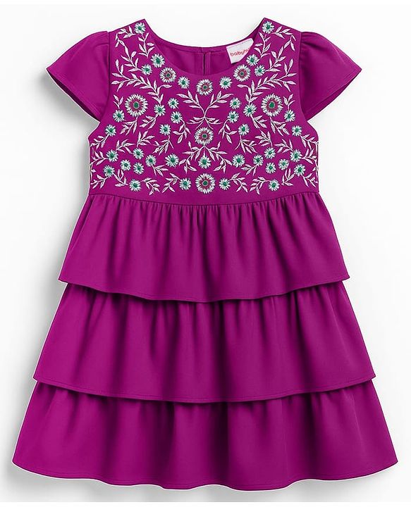 Babyhug Cotton Woven Half Cap Sleeves Layered Frock with Floral Embroidery - Wine