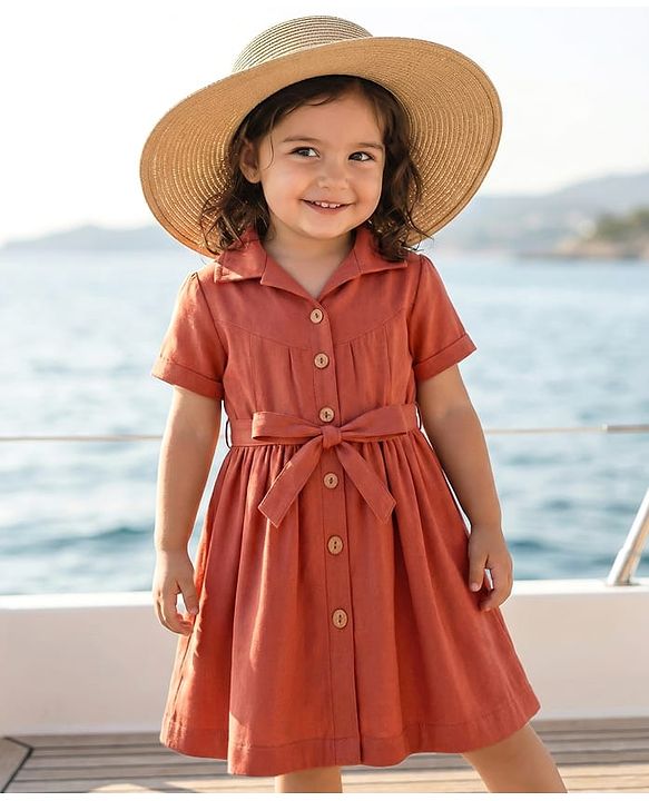 Babyhug Woven Half Sleeves Solid Denim Shirt Dress - Rust