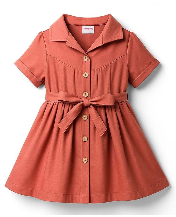 Babyhug Woven Half Sleeves Solid Denim Shirt Dress - Rust