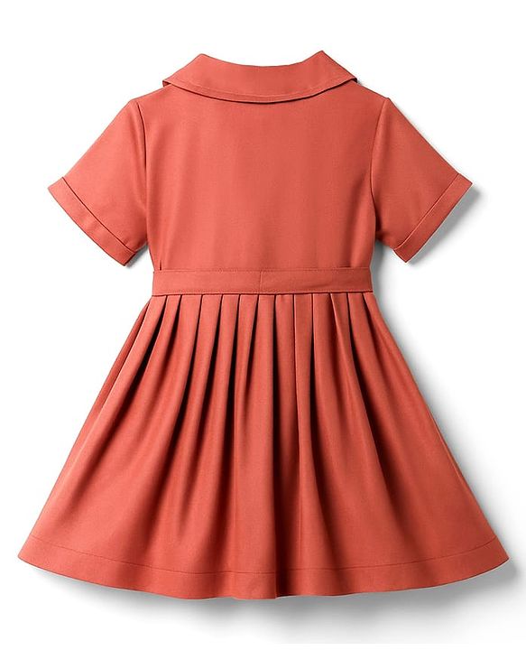 Babyhug Woven Half Sleeves Solid Denim Shirt Dress - Rust