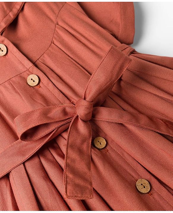 Babyhug Woven Half Sleeves Solid Denim Shirt Dress - Rust