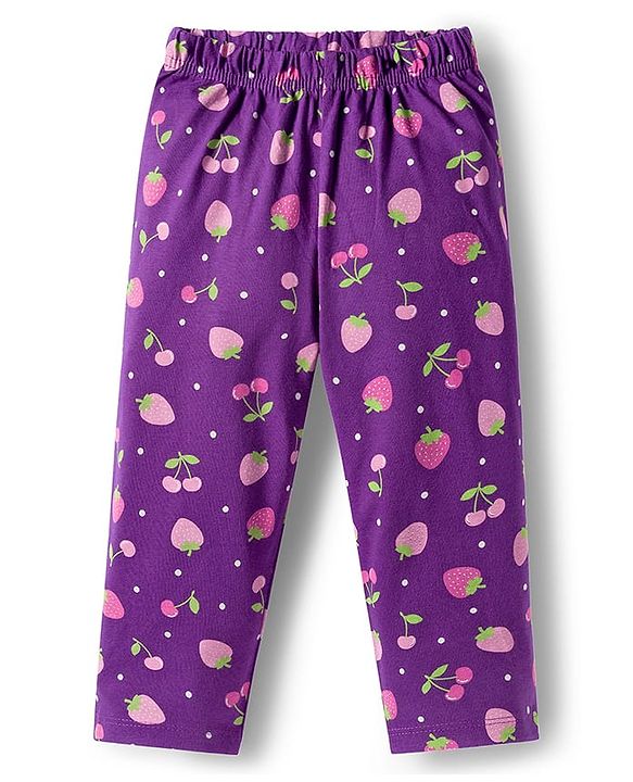 Babyhug Cotton Knit Full Sleeves Co-ords Night Suit With Tropical Theme Print - Purple