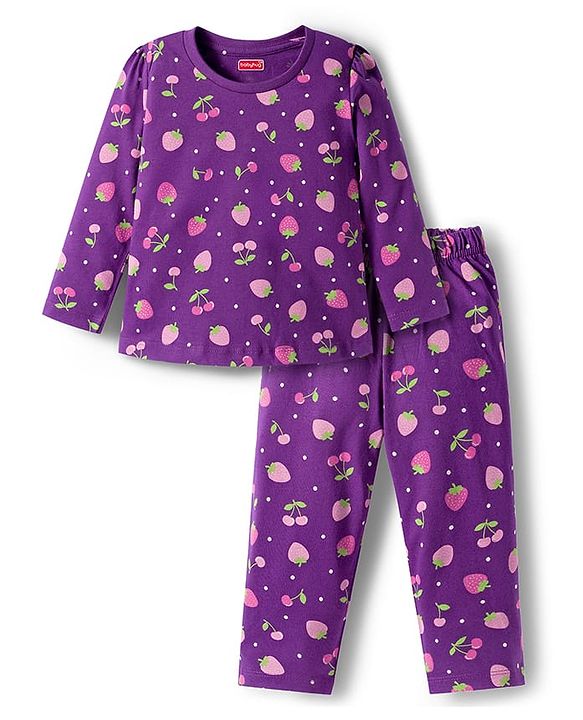 Babyhug Cotton Knit Full Sleeves Co-ords Night Suit With Tropical Theme Print - Purple