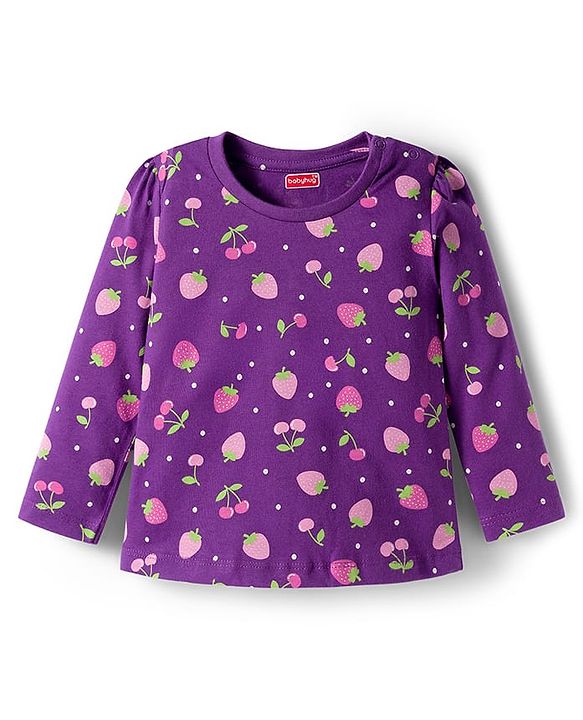 Babyhug Cotton Knit Full Sleeves Co-ords Night Suit With Tropical Theme Print - Purple