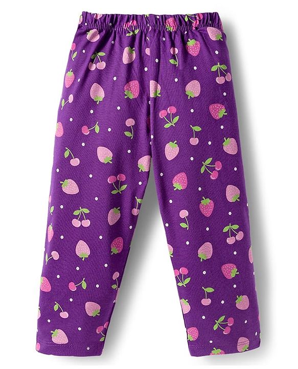 Babyhug Cotton Knit Full Sleeves Co-ords Night Suit With Tropical Theme Print - Purple