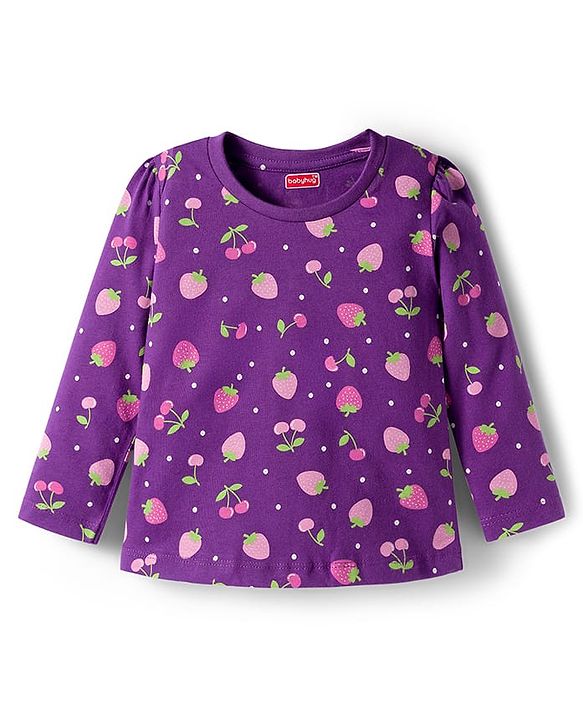 Babyhug Cotton Knit Full Sleeves Co-ords Night Suit With Tropical Theme Print - Purple