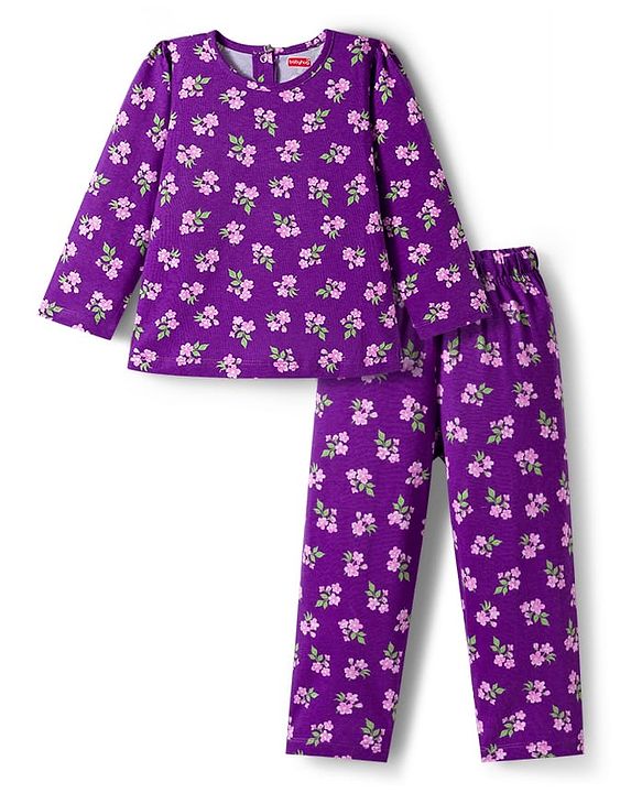 Babyhug Cotton Knit Full Sleeves Co-ord Night Suit With Floral Print - Purple