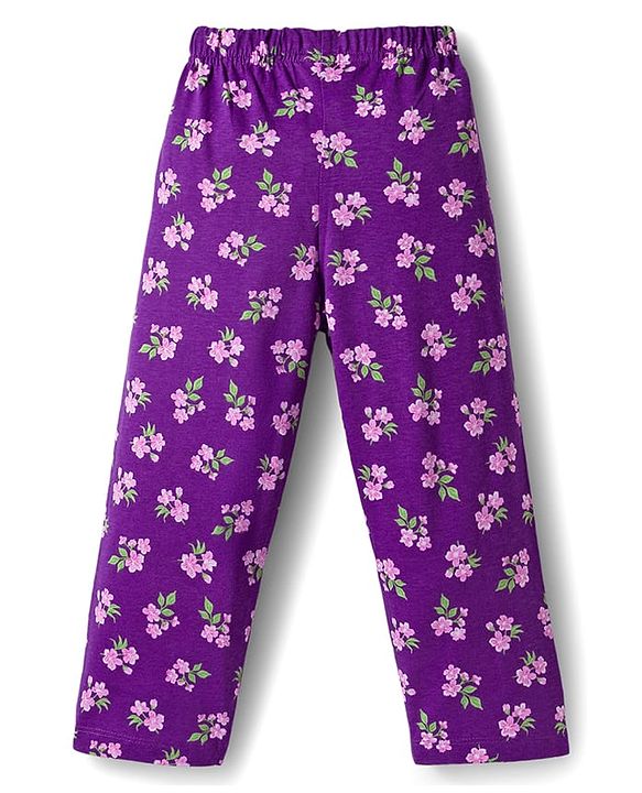 Babyhug Cotton Knit Full Sleeves Co-ord Night Suit With Floral Print - Purple