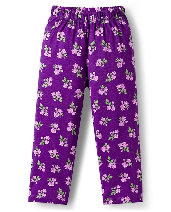 Babyhug Cotton Knit Full Sleeves Co-ord Night Suit With Floral Print - Purple