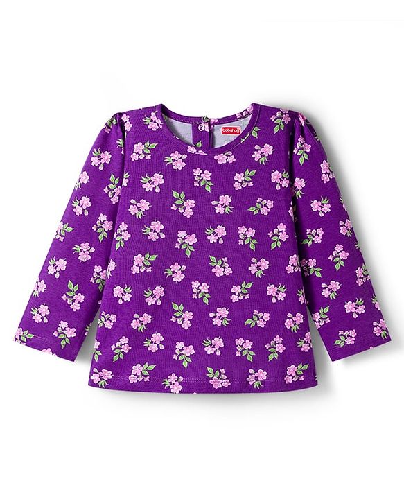 Babyhug Cotton Knit Full Sleeves Co-ord Night Suit With Floral Print - Purple