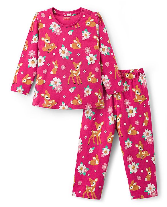 Babyhug Cotton Knit Full Sleeves Co-ords Night Suit With Floral Print - Dark Pink