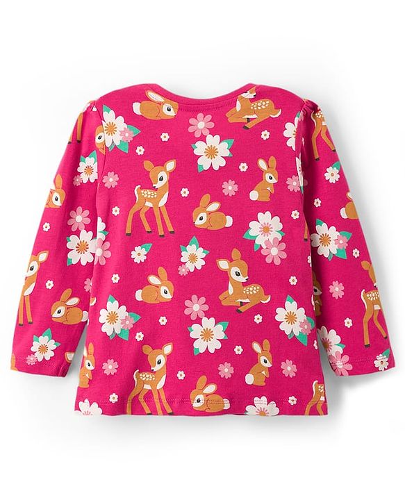 Babyhug Cotton Knit Full Sleeves Co-ords Night Suit With Floral Print - Dark Pink