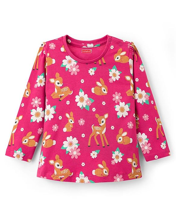 Babyhug Cotton Knit Full Sleeves Co-ords Night Suit With Floral Print - Dark Pink