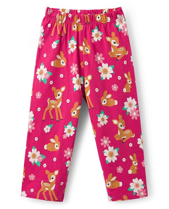 Babyhug Cotton Knit Full Sleeves Co-ords Night Suit With Floral Print - Dark Pink