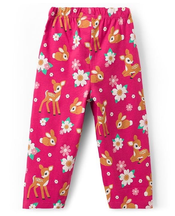 Babyhug Cotton Knit Full Sleeves Co-ords Night Suit With Floral Print - Dark Pink