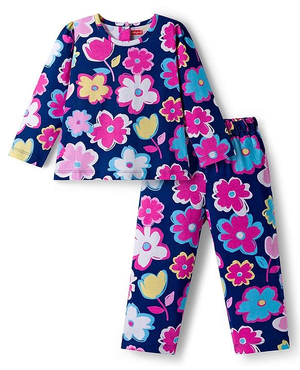 Babyhug Cotton Knit Full Sleeves Co-ords Night Suit Wth Floral Print - Navy Blue