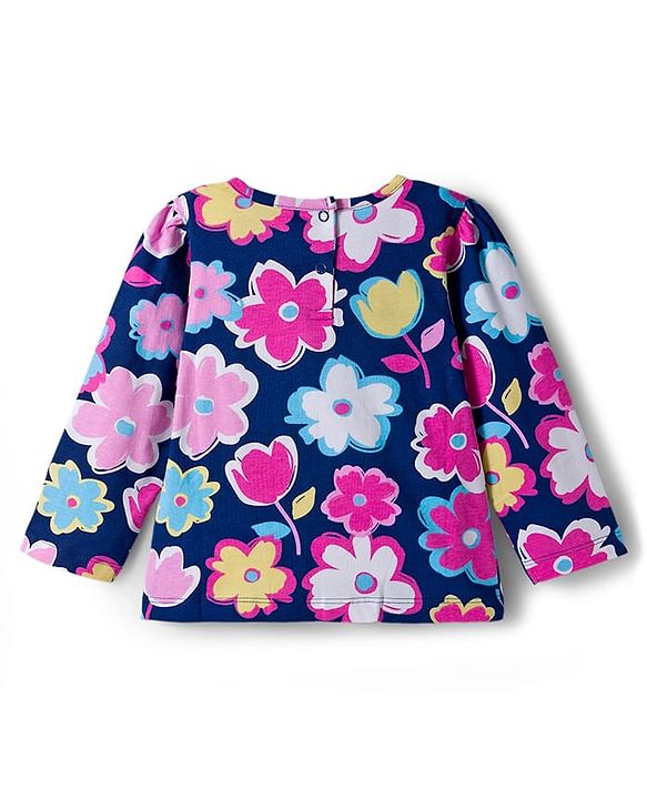 Babyhug Cotton Knit Full Sleeves Co-ords Night Suit Wth Floral Print - Navy Blue