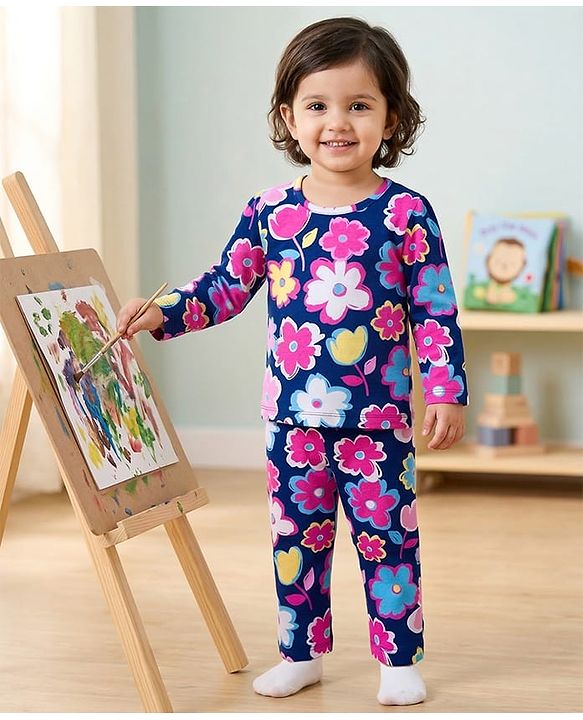Babyhug Cotton Knit Full Sleeves Co-ords Night Suit Wth Floral Print - Navy Blue