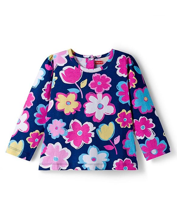 Babyhug Cotton Knit Full Sleeves Co-ords Night Suit Wth Floral Print - Navy Blue