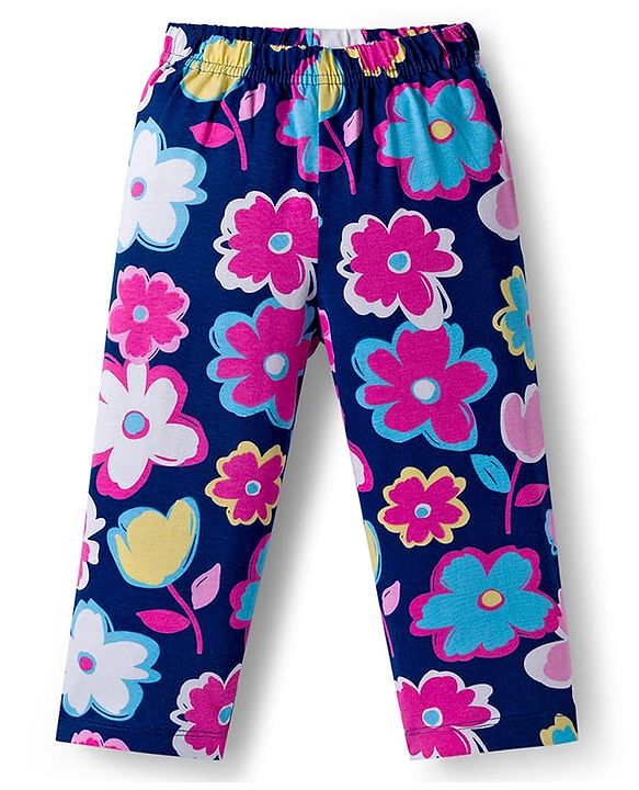 Babyhug Cotton Knit Full Sleeves Co-ords Night Suit Wth Floral Print - Navy Blue