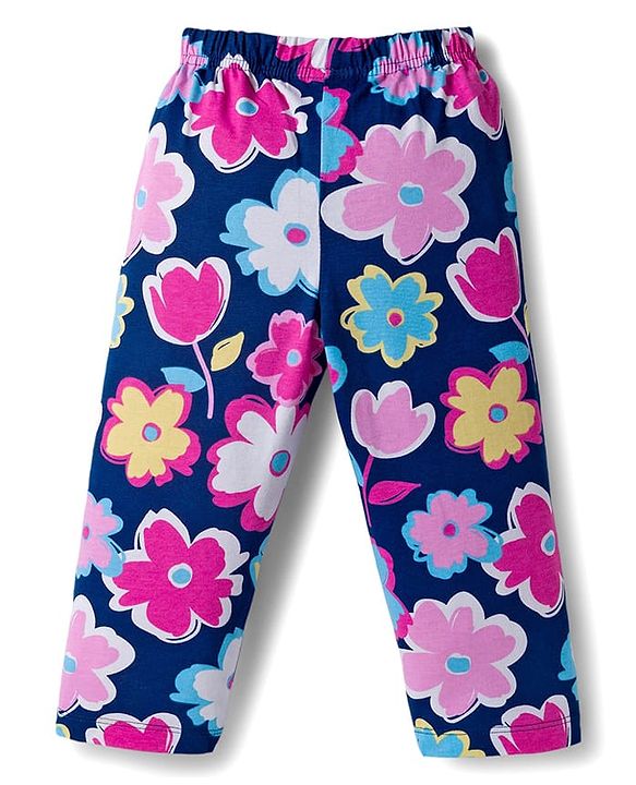 Babyhug Cotton Knit Full Sleeves Co-ords Night Suit Wth Floral Print - Navy Blue
