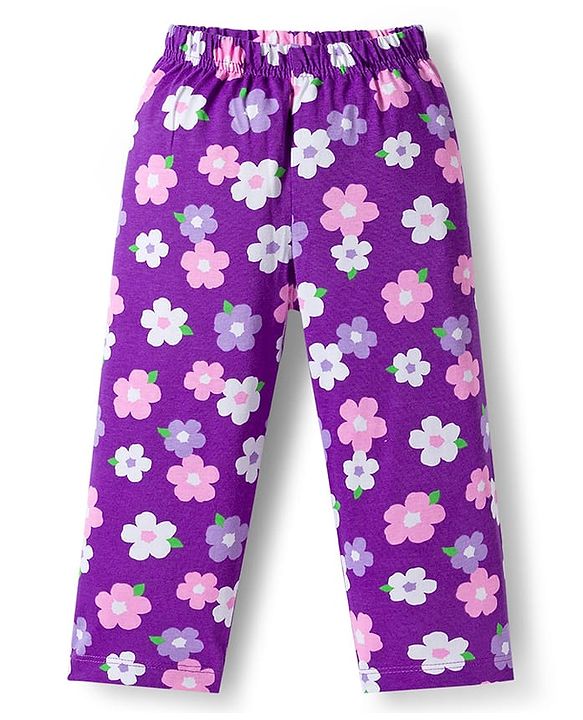 Babyhug Cotton Knit Full Sleeves Co-ords  Night Suit With Floral Print - Purple