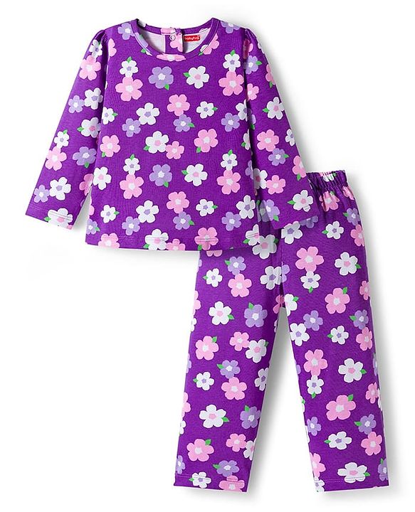 Babyhug Cotton Knit Full Sleeves Co-ords  Night Suit With Floral Print - Purple