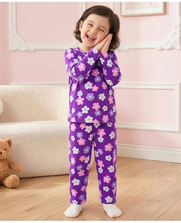 Babyhug Cotton Knit Full Sleeves Co-ords  Night Suit With Floral Print - Purple