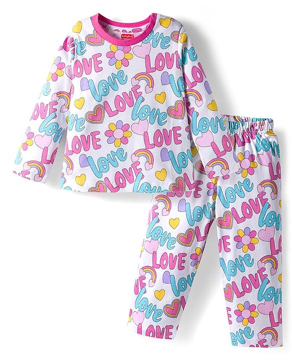 Babyhug Cotton Knit Full Sleeves Co-ords Night Suit With  Text Print - White