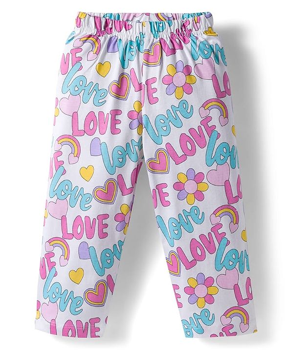 Babyhug Cotton Knit Full Sleeves Co-ords Night Suit With  Text Print - White