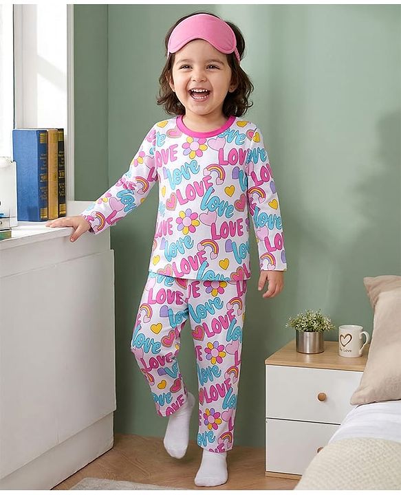 Babyhug Cotton Knit Full Sleeves Co-ords Night Suit With  Text Print - White