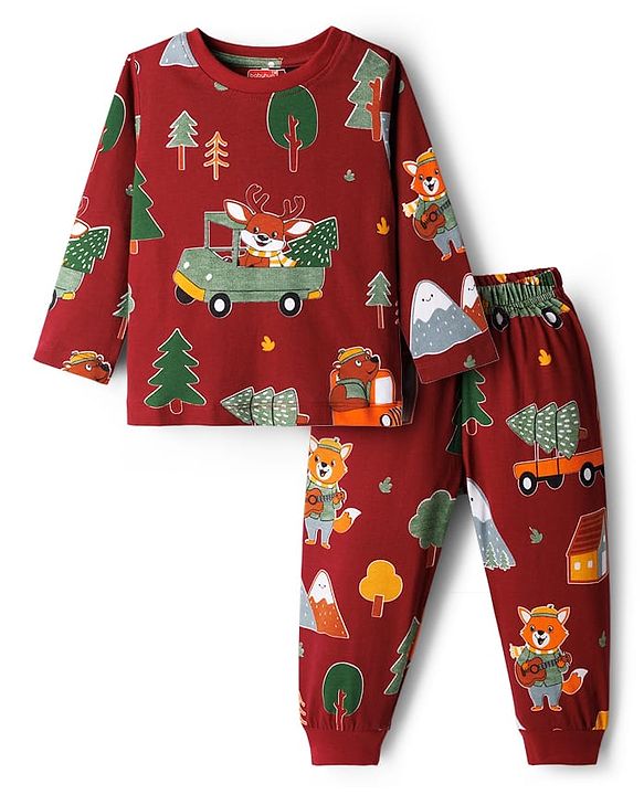 Babyhug Cotton Knit Full Sleeves Co-ords Night Suit With Vehicle Print - Marroon