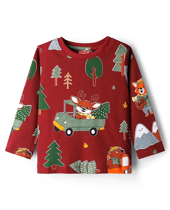Babyhug Cotton Knit Full Sleeves Co-ords Night Suit With Vehicle Print - Marroon