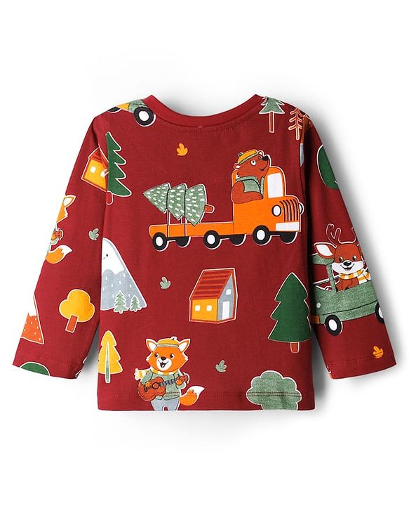 Babyhug Cotton Knit Full Sleeves Co-ords Night Suit With Vehicle Print - Marroon