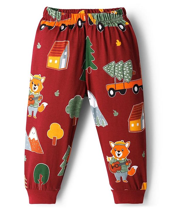 Babyhug Cotton Knit Full Sleeves Co-ords Night Suit With Vehicle Print - Marroon
