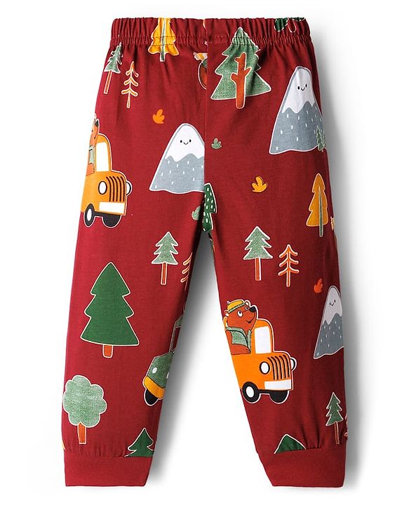 Babyhug Cotton Knit Full Sleeves Co-ords Night Suit With Vehicle Print - Marroon