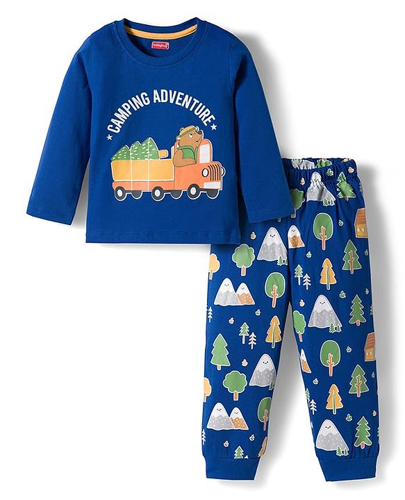 Babyhug Cotton Knit Full Sleeves Night Suit With Animal Print - Royal Blue