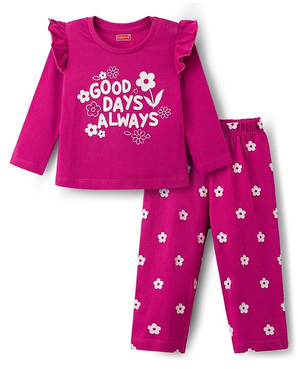 Babyhug Cotton Knit Full Sleeves Night Suit With Floral Print - Pink