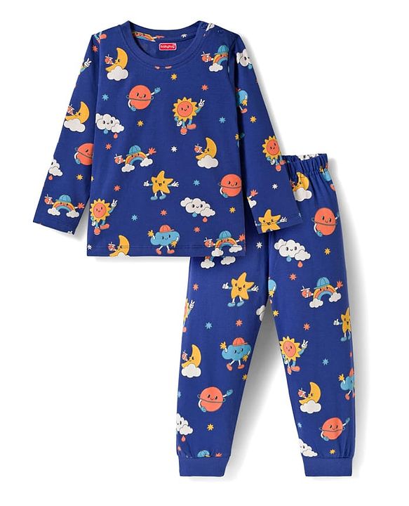 Babyhug Cotton Knit Full Sleeves Co-ords Night Suit With Clouds Print - Blue