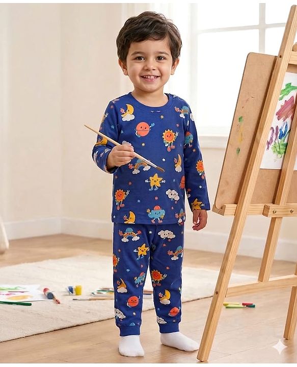 Babyhug Cotton Knit Full Sleeves Co-ords Night Suit With Clouds Print - Blue