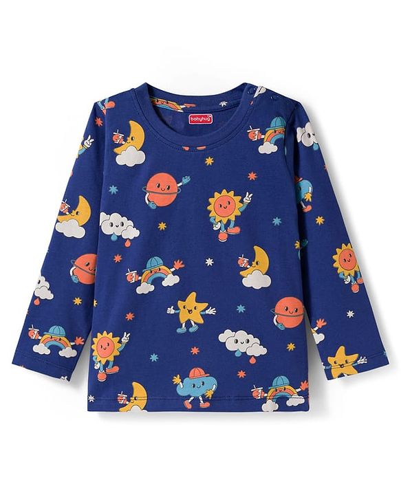 Babyhug Cotton Knit Full Sleeves Co-ords Night Suit With Clouds Print - Blue