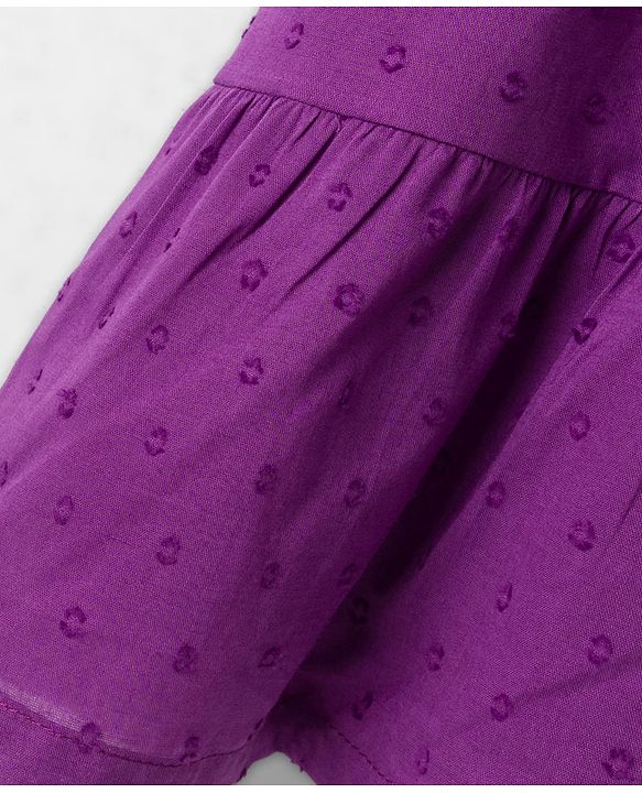 Babyhug Cotton Woven Half Puffed Sleeves Tiered Frock with Floral Embroidery - Purple