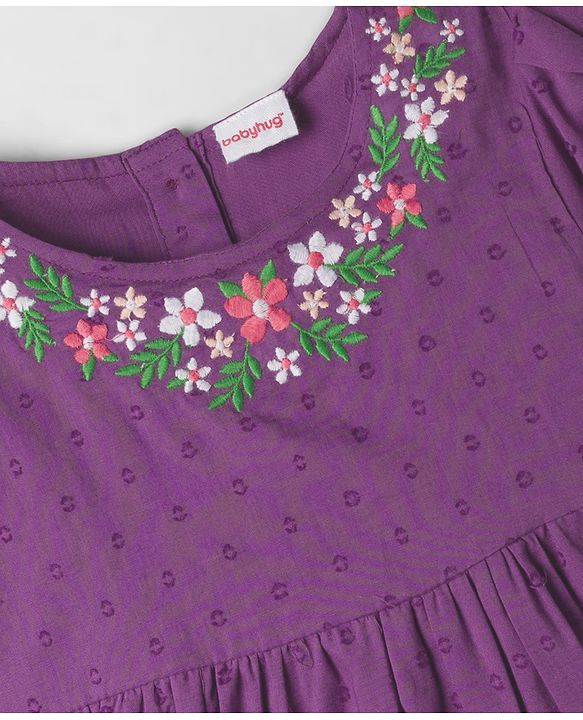 Babyhug Cotton Woven Half Puffed Sleeves Tiered Frock with Floral Embroidery - Purple