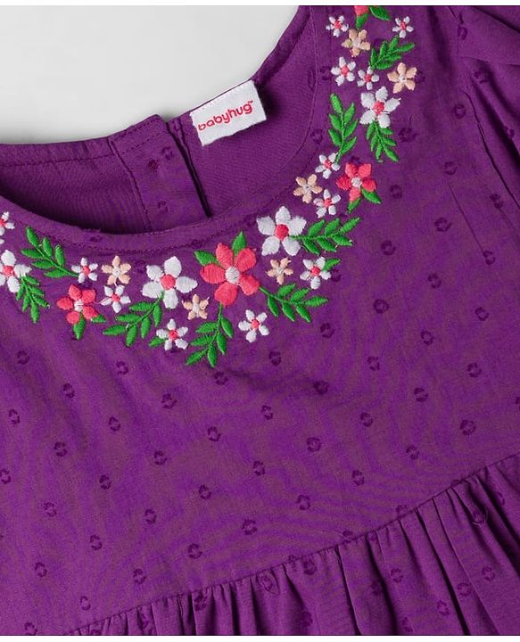 Babyhug Cotton Woven Half Puffed Sleeves Tiered Frock with Floral Embroidery - Purple